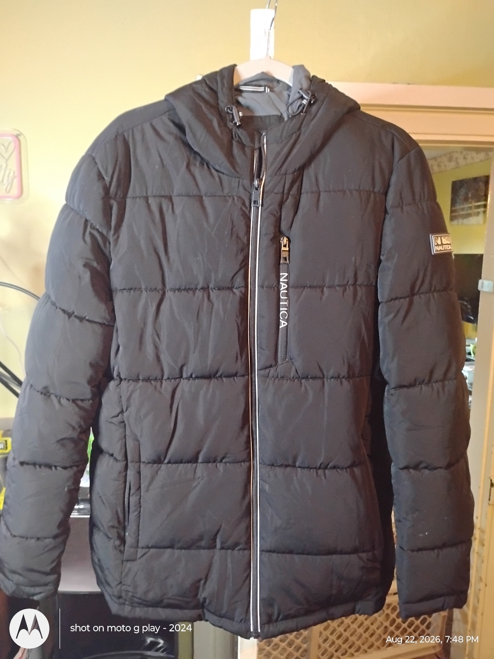 Nautica Men's Black Hooded Quilted Puffer Jacket